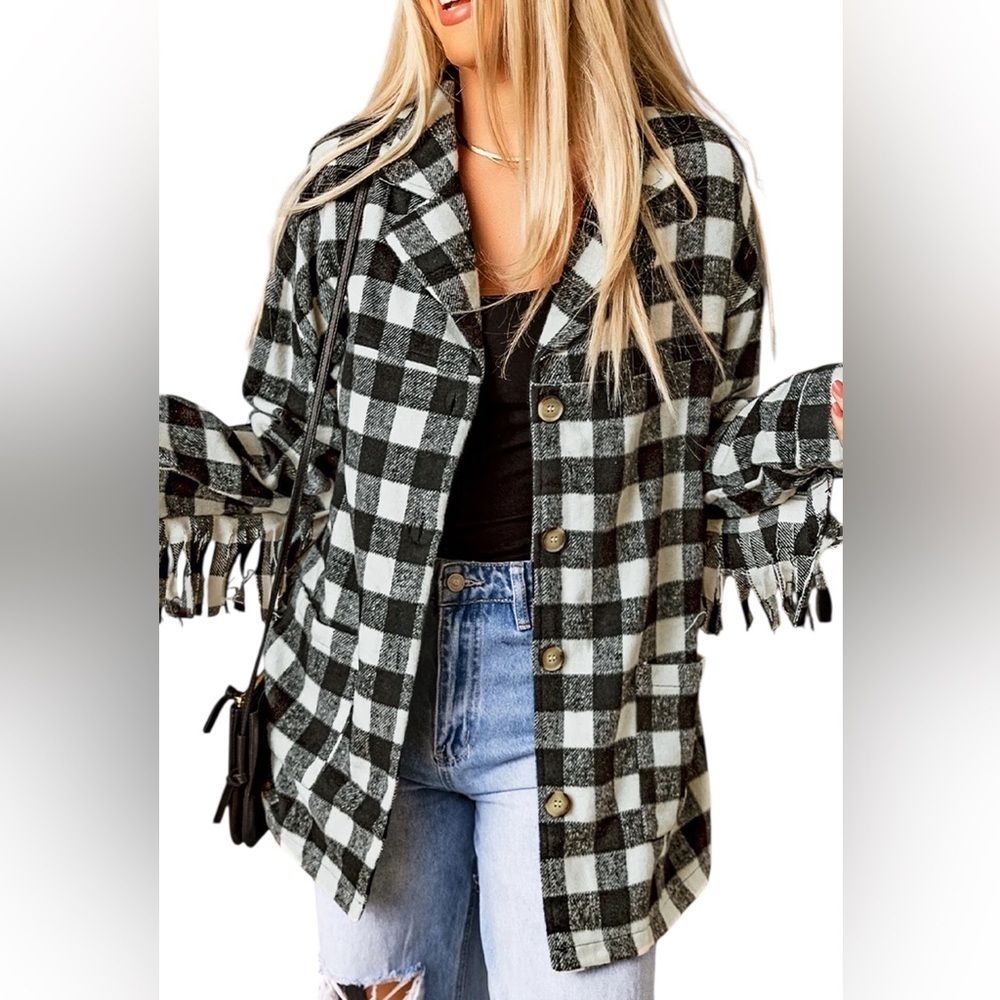 Baevely Plaid Fringe Shacket Jacket Size M Wool Blend Black White Check
